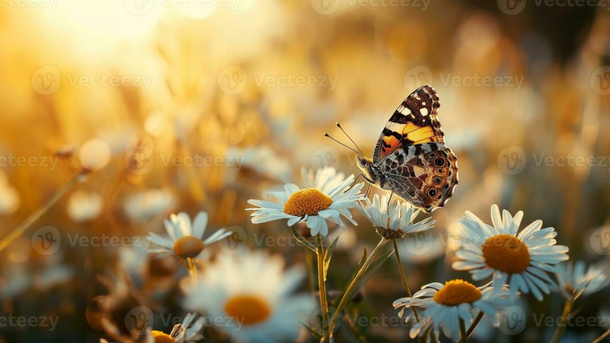 36262370 ai genere magnifique papillon sur marguerite dans vibrant printemps le coucher du soleil photo