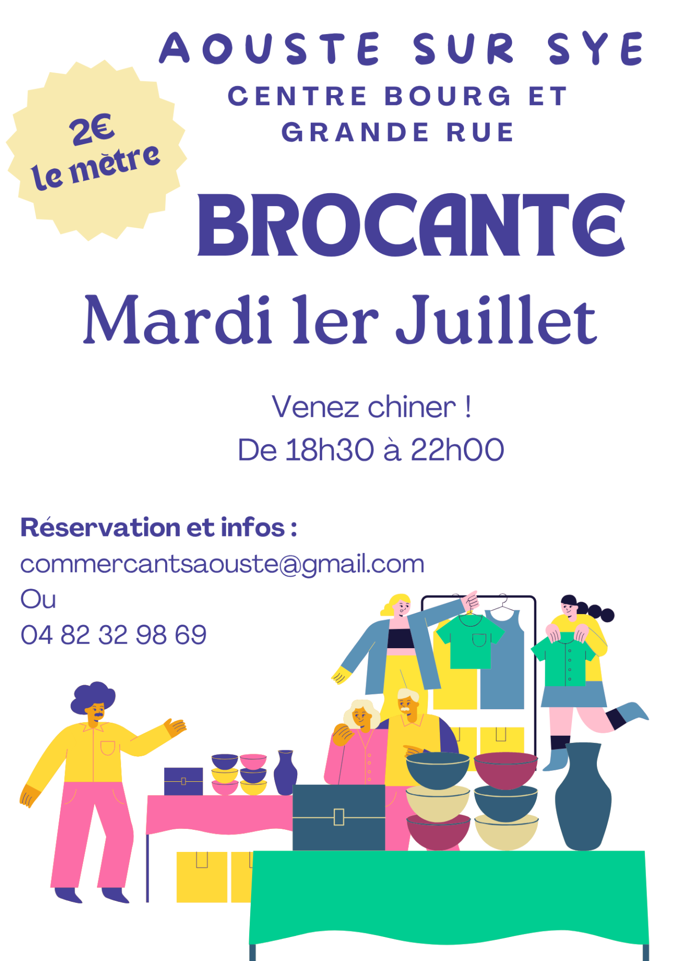 Affiche flyer vide grenier marche au puces brocante vente meubles objets seconde main illustratif moderne joyeux beige violet rose